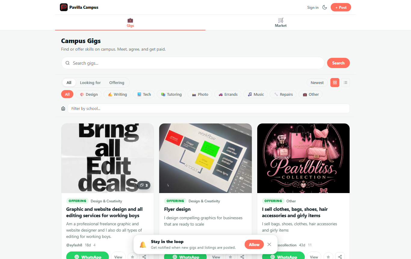 Pavilla Gigs marketplace